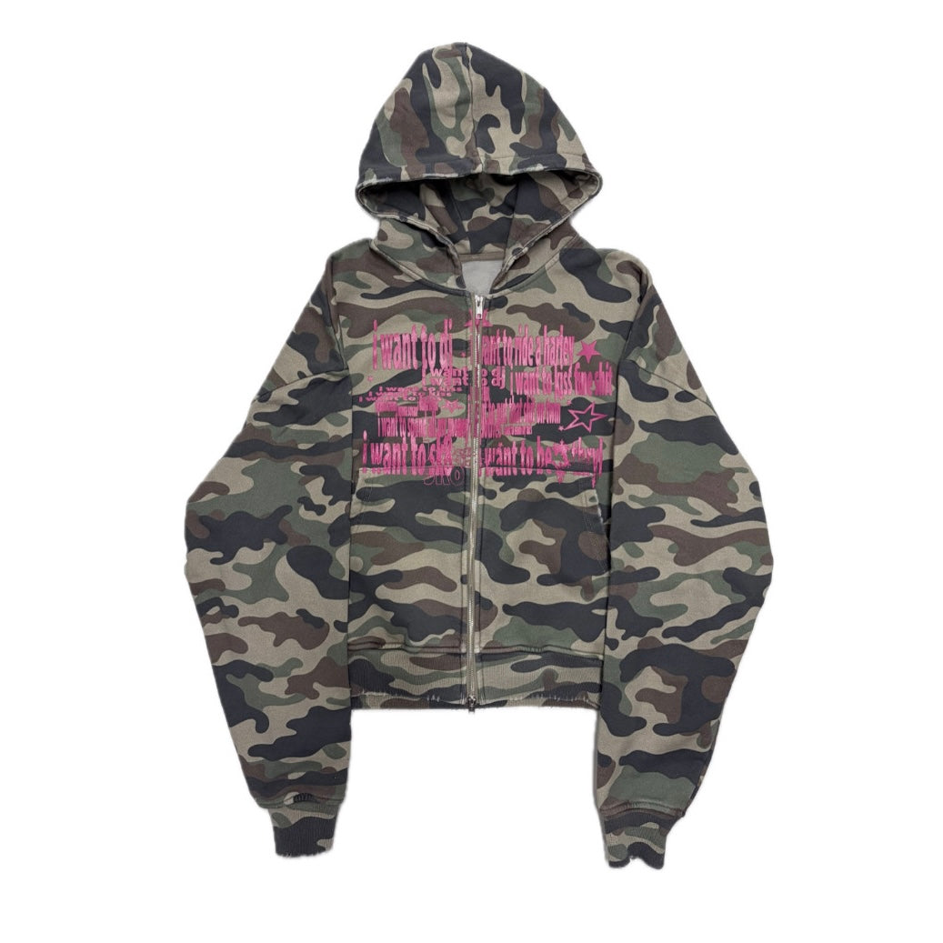“I WANT TO” Camo Zip Up